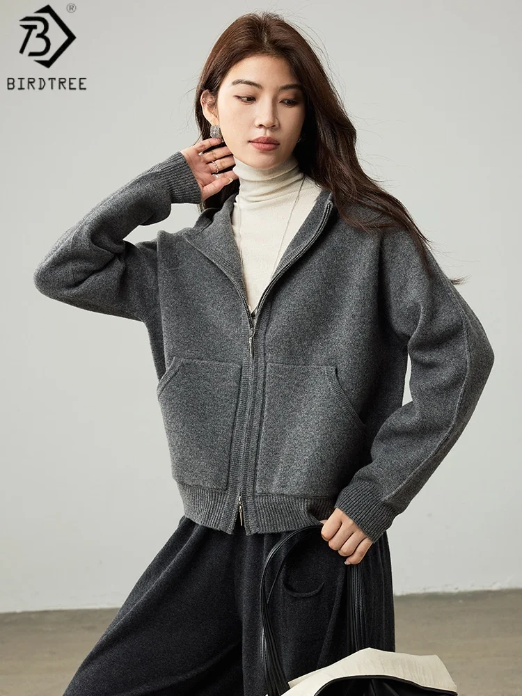 

Birdtree 100% Merino Wool Knited Hooded Cardigan,Woman Zipper Full Sleeve Hoodies,2025 Autumn Loose Pocket Sweater Coat T59728JF