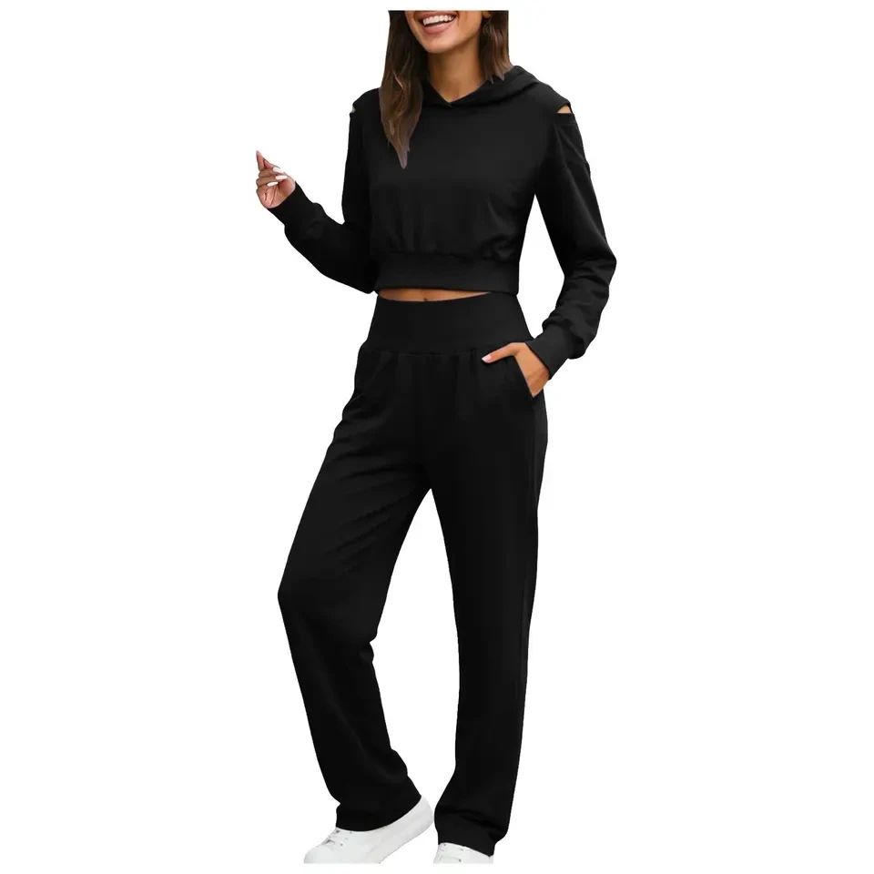 

Women Two Piece Outfits Casual Sweatsuits Set Long Sleeve Cropped Hoodie Pants Sets Spring Autumn Tracksuit Sportwear Suit