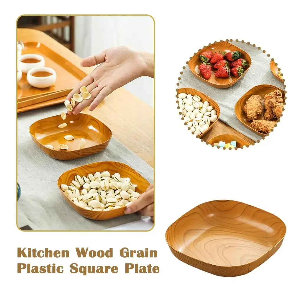 Wooden Patterned Plastic Square Plate Tray Lightweight Anti To Fruit Simple Style Clean Dried Elegant Drop Japanese Plate E W7U7