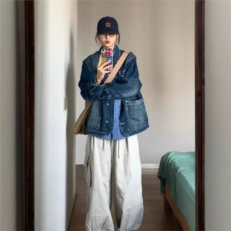 

2025 Autumn New Casual Loose Vintage All Match Women's Clothing Denim Coats Turn Down Collar Pockets Patchwork Oversized Jackets