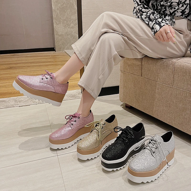 Women Shoes Patent Leather Lace Up Thick Heel Increased Flat Platform Oxford Shoes Woman Loafers Solid Casual Shoes Plus Size 42