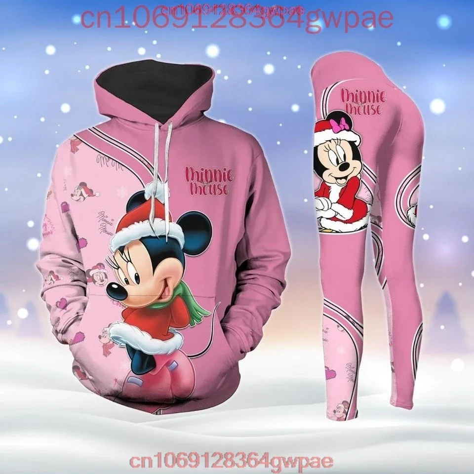 Рождественская толстовка с капюшоном и леггинсы Disney Minnie Mouse, комплект для йоги, женская толстовка с Микки Маусом, штаны для йоги, спортивные штаны, модный спортивный костюм