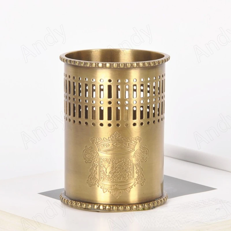 Manual Brass Storage Jar European Openwork Decorative Bedroom Cosmetic Container Creative Desktop Pen Holder Home Decoration