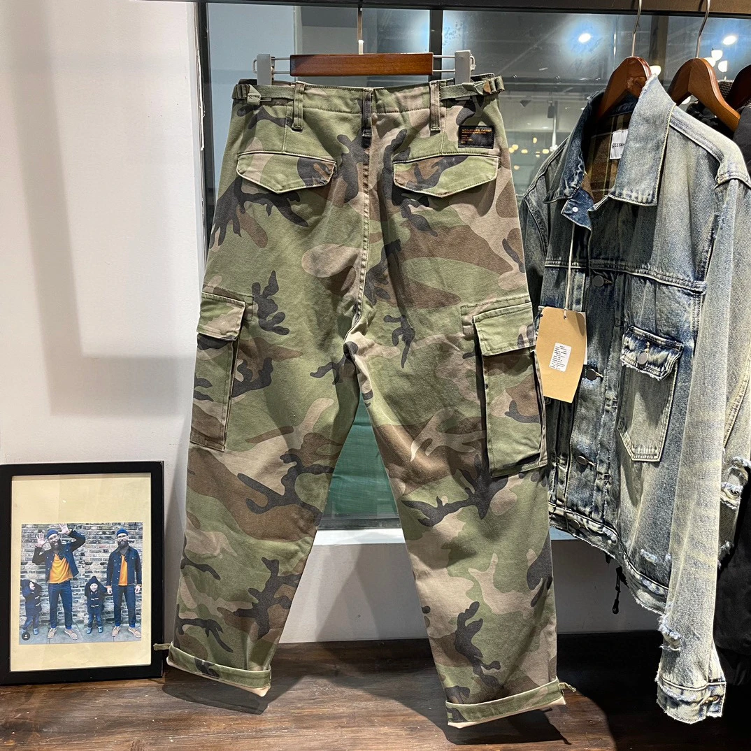 Ameikaji American Retro Work Pants Multi-Pocket Green Camouflage Elastic Loose Straight Military Casual Trousers for Youth