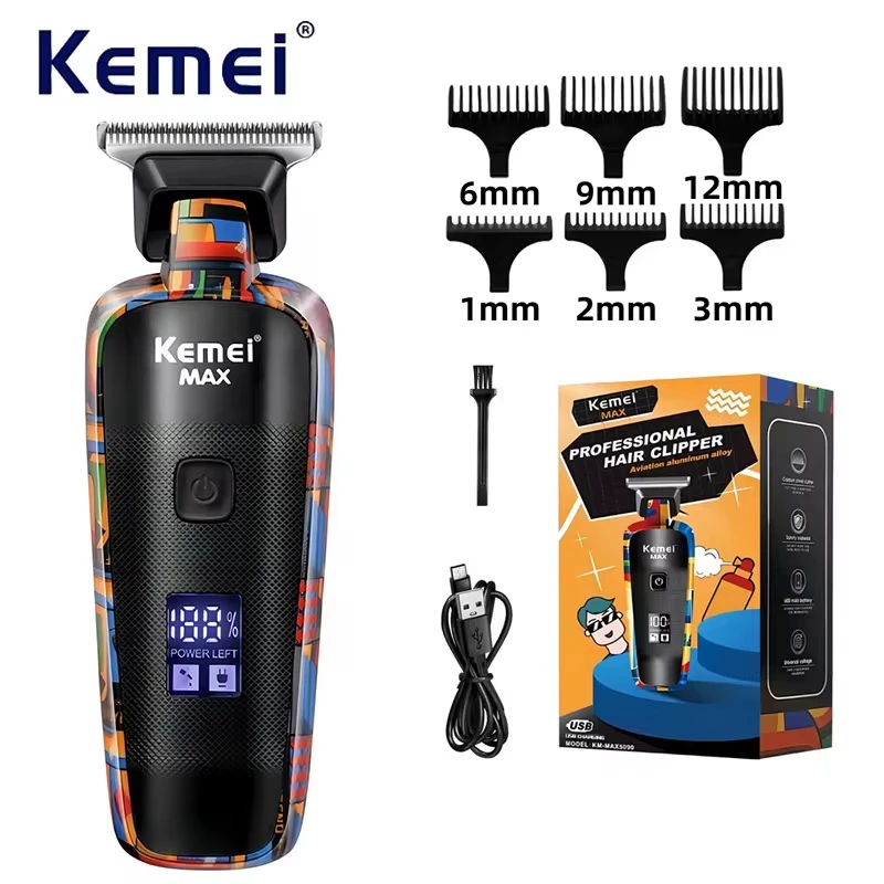 Kemei-5090 Hair Trimmers with Digital Display, Professional Barber Pusher for Men, Random Graffiti Pattern Hair Clipper Electric