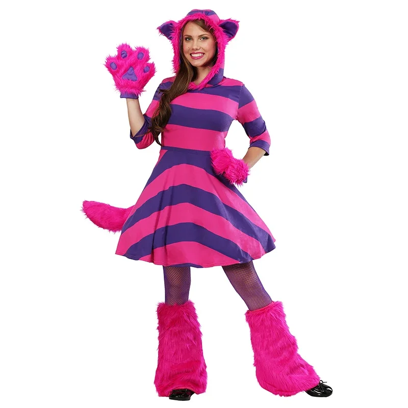 Women Striped Cat Dress Halloween Cosplay Cheshire Cat Women Costume