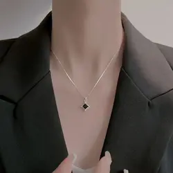 Temperament Black Square Rhinestone Pendant Necklace Simplea Silver Color Link Chain Necklace for Women Fashion Jewelry