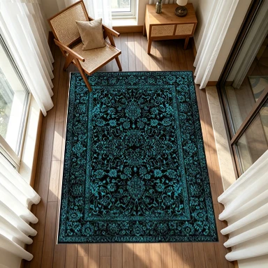 Black Base Color with Blue-Green Traditional Persian Floral Carpet, Oriental Style, Luxurious Pattern Carpet, Non-Slip Floor Mat for Living Room and Bedroom