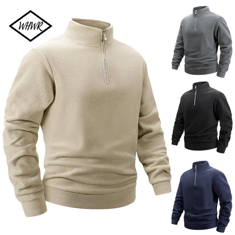 Moletom masculino casual de lã com meio zíper, pulôver com gola simulada, quente, outono, treino casual, suéteres diários