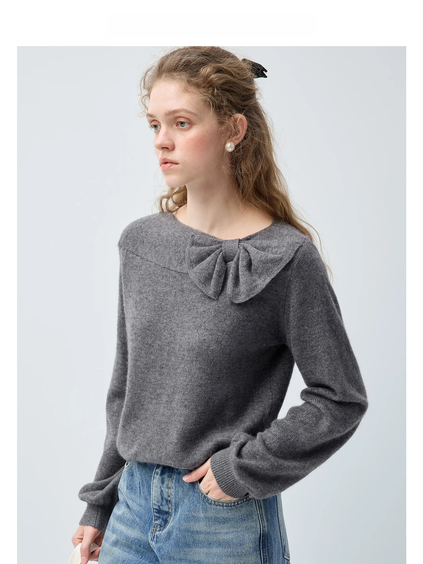 

VEGA CHANG Women's Knitted Wool Sweater Knot Loose Feel Spring New Arrival Sweet Style Long Sleeve Crew Neck