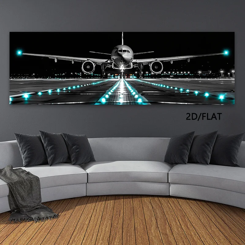 2D/Flat Large Aircraft Landing Canvas Wall Art - Modern Aviation Wall Art with Dark Blue for Living Room,Office Decor - Unframed