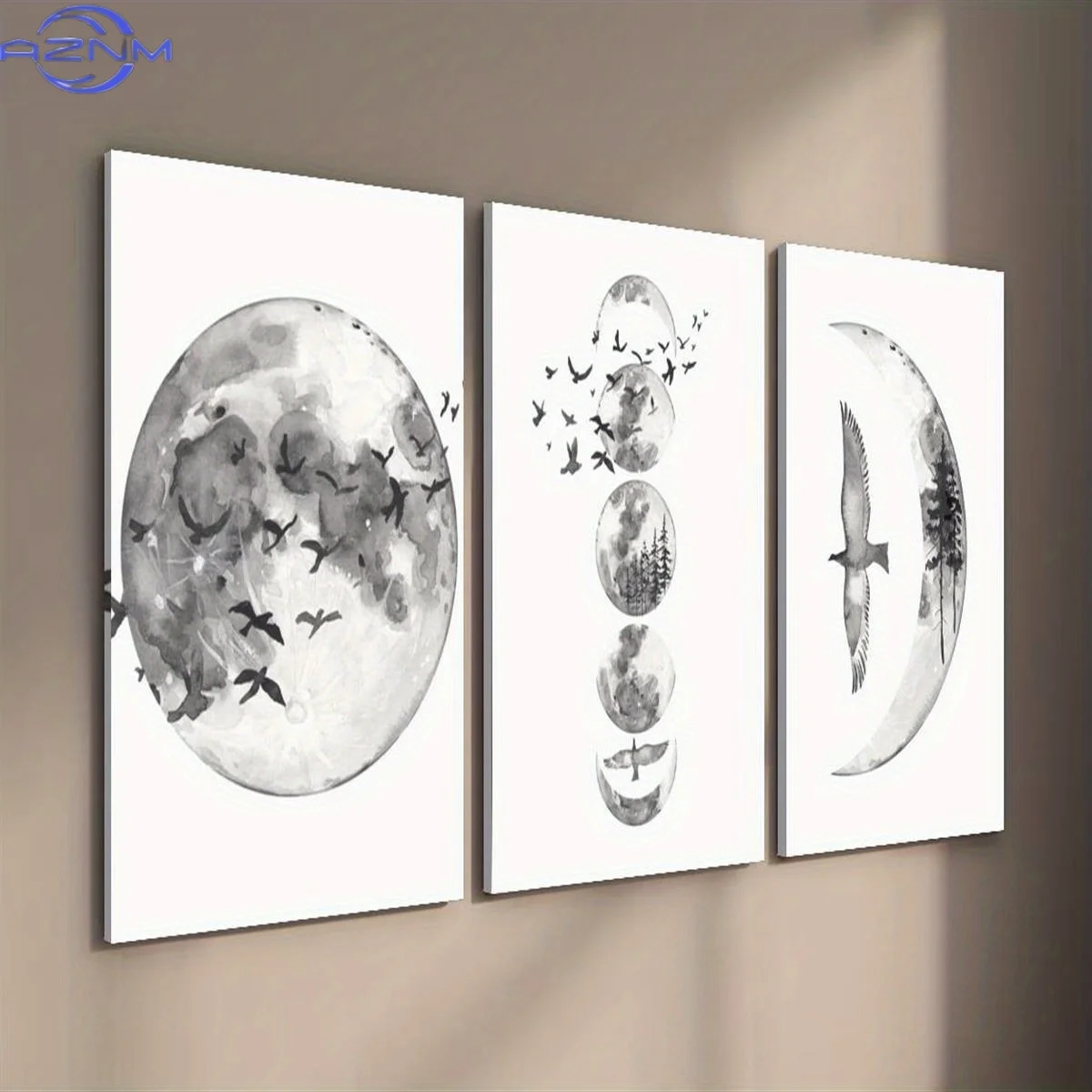 3pcs Black and White Moon Phase Canvas Art Prints - Serene Bird Silhouette, Pine  Frame, Modern Home Decor for Living Room, Bedr