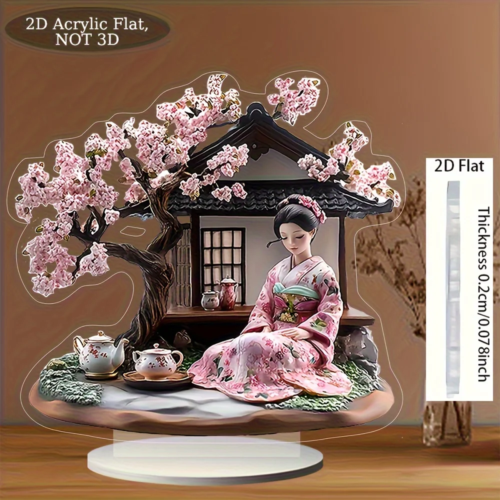 Modern Style Japanese Geisha & Cherry Blossom Tree Pattern 2D Acrylic Tabletop Ornaments Festive Traditional Japan Decor