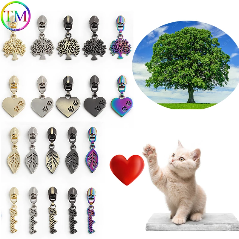 Love Paw/Tree/Leaf Shape 5# Nylon Metal Zippers Sliders Pullers For Suitcase Bags Zipper Tapes Head Decorative Accessories