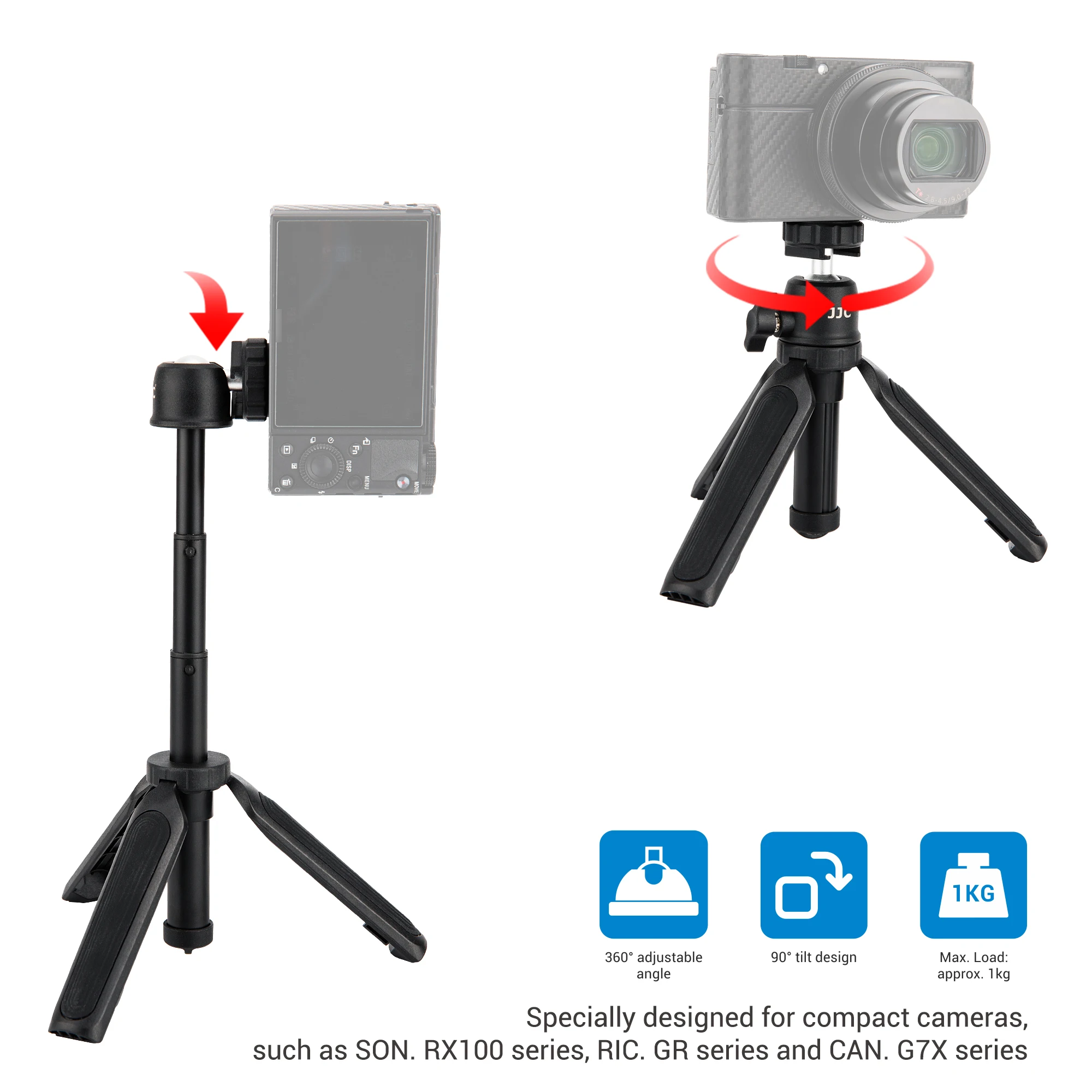JJC Extendable Camera Mini Tripod 360°Pan 90°Tilt Tripod for DJI Osmo 360 Canon G7X Mark III G7X Mark II Sony ZV-1 Leica D-LUX 8