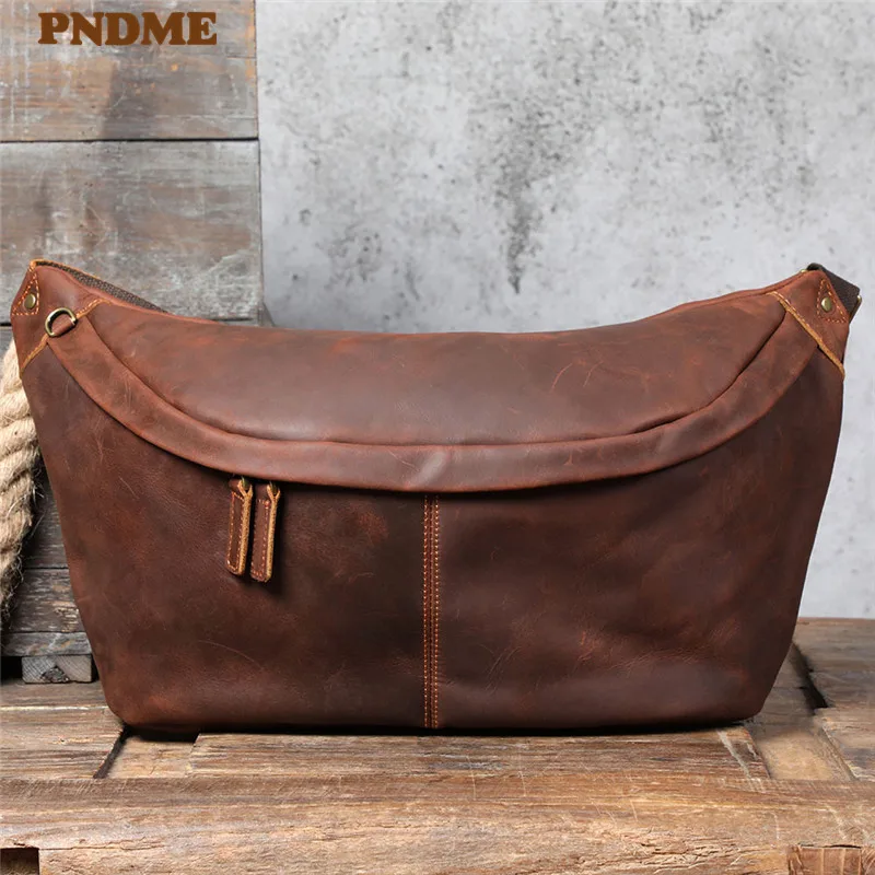 PNDME Natural Genuine Leather Super Large Capacity Men's Chest Bag Retro Designer Crazy Horse Cowhide Big Shoulder Crossbody Bag