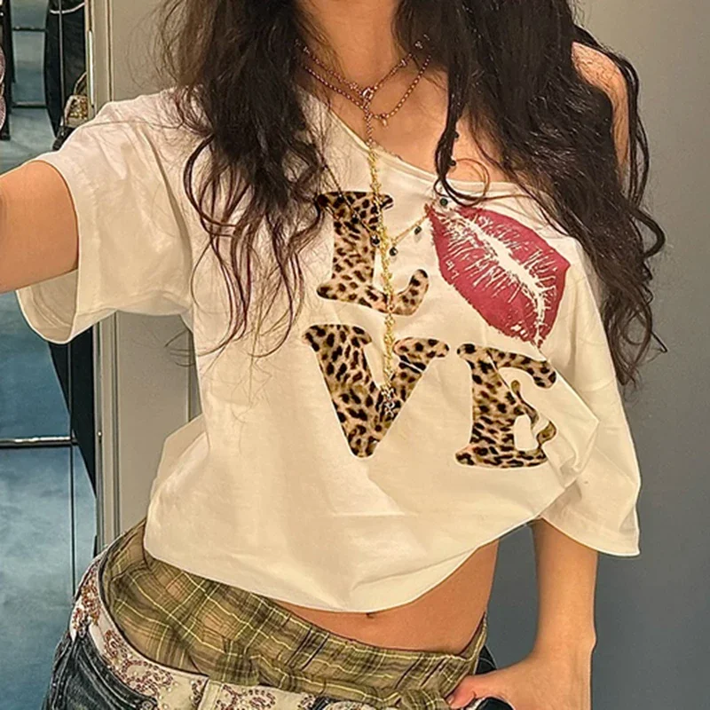 

Harajuku Leopard Letter Print T Shirt Loose White Short Sleeve V Neck T-shirts Women Summer Streetwear Tees y2k Aesthetic