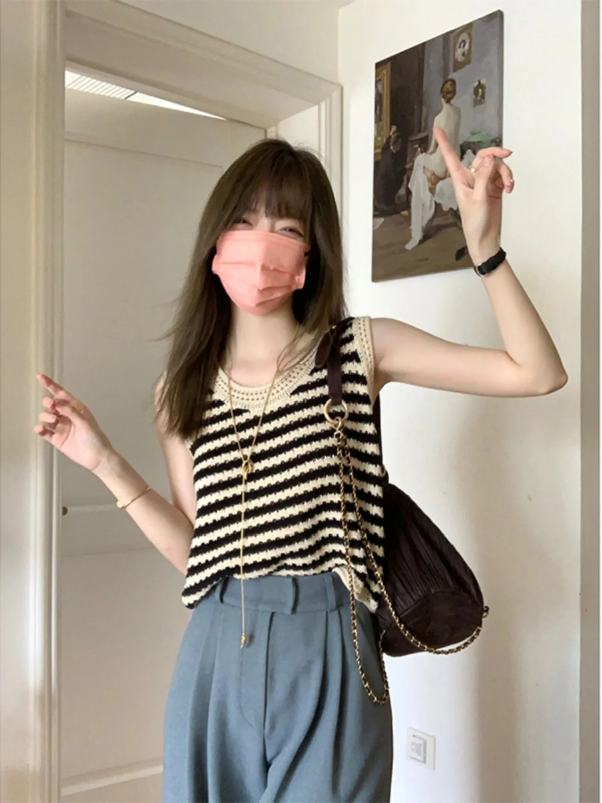 Ice Silk Knitted Contrast Color Stripe Hollow out Strap Vest Women Summer Loose Short Shoulder Top Sleeveless Outerwear