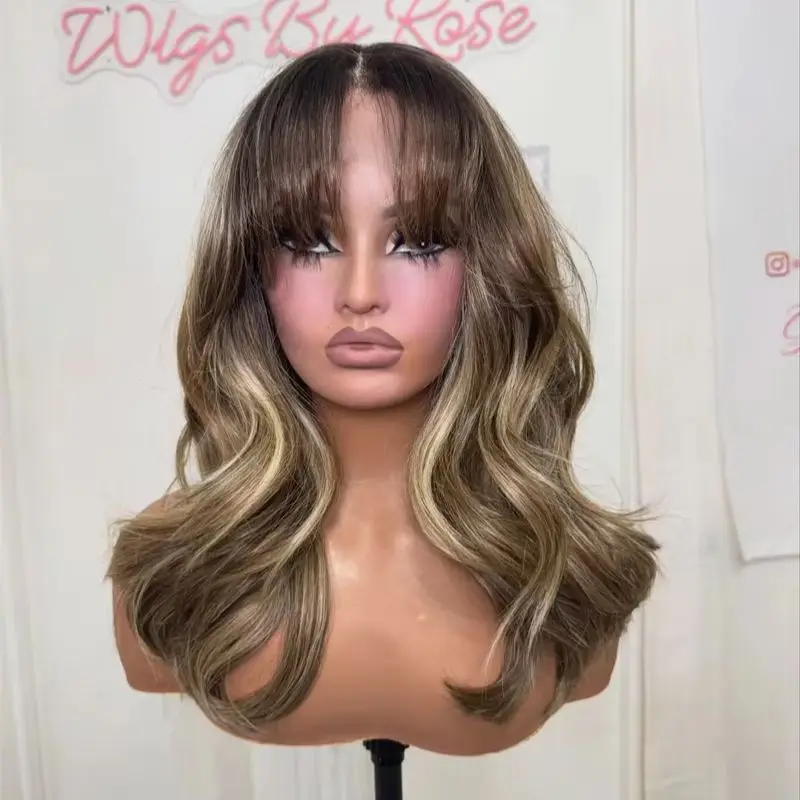 

13x4 Ombre Brown Highlights Synthetic HD Lace Front Wig with Bangs Natural Density Wig for Black White Women Preplucked Hairline