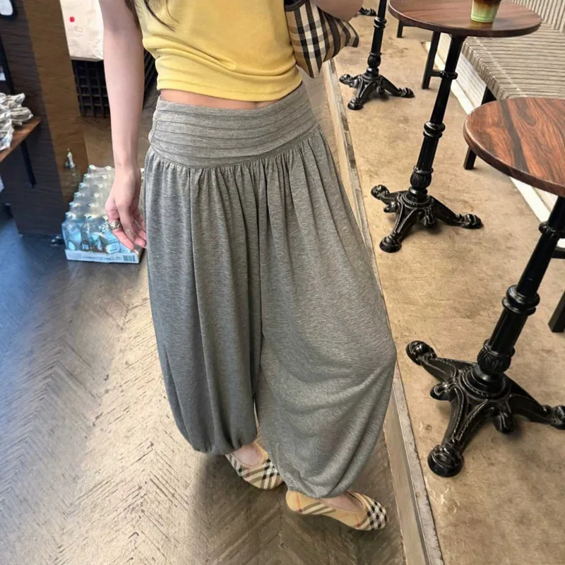 Women High Waist Loose Lantern Pants Gray Pleated Wide Leg Autumn Casual Cropped Jogger Trousers Female Streetwear