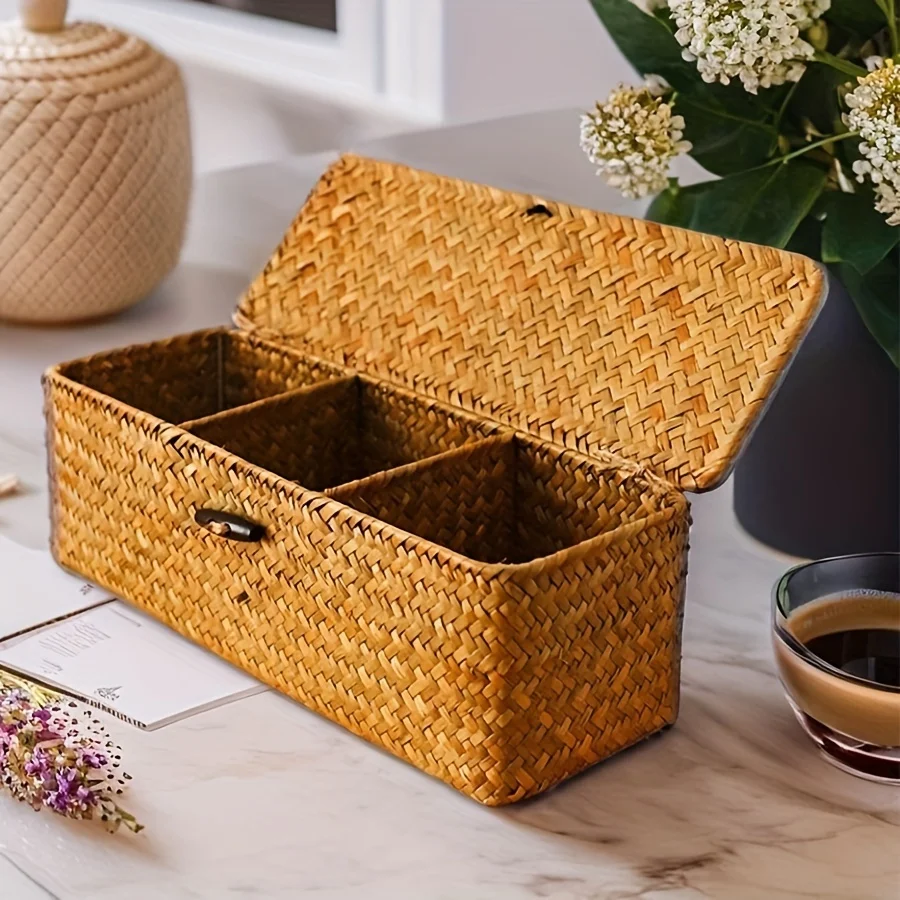 

Partitioned Storage Box, Handcrafted Woven Storage Basket, Rectangular Vintage Shelf, for Home Organization Storage Containers