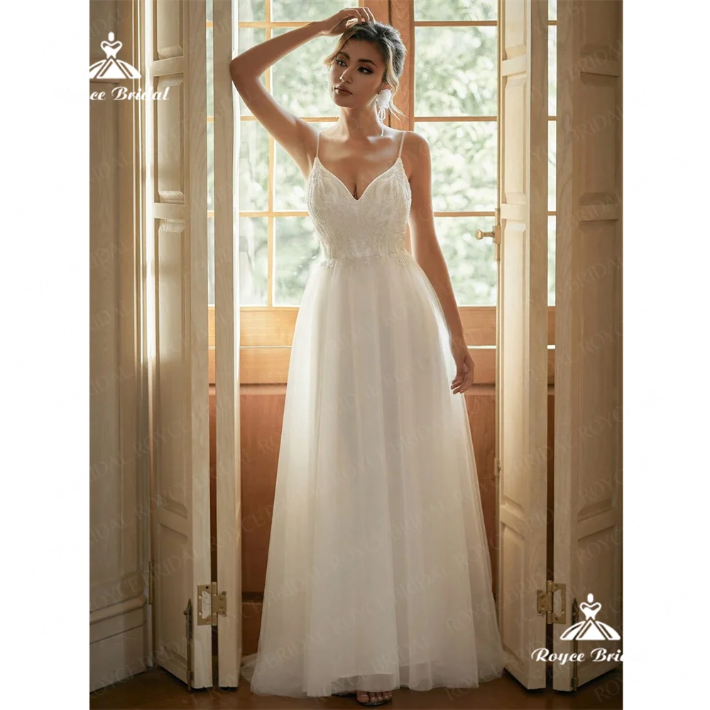 فستان زفاف شيفون من Roycebridal برقبة على شكل حرف V للنساء ، ثوب بخيط ، قطار كنس ، فستان زفاف ، زواج ،