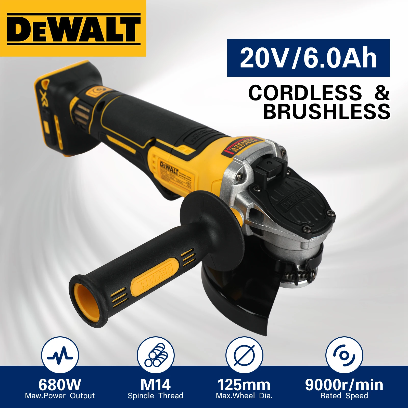 DEWALT DCG405 Cordless Brushless Grinder 20V,680W Output,125mm Wheel,M14 Thread,9000rpm,Multi-purpose Cutting PolishingPowerTool