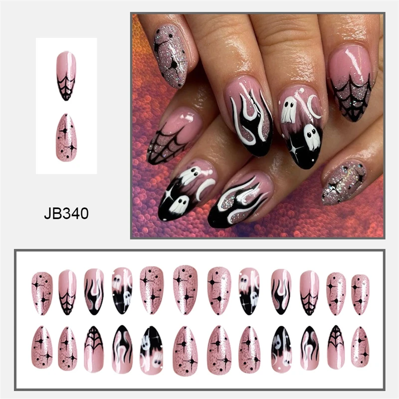 24Pcs Almond Halloween Press on Nails Full Cover French Fake Nails Cartoon Bat Spider Pattern Wearable Nails Art  Manicure Tips