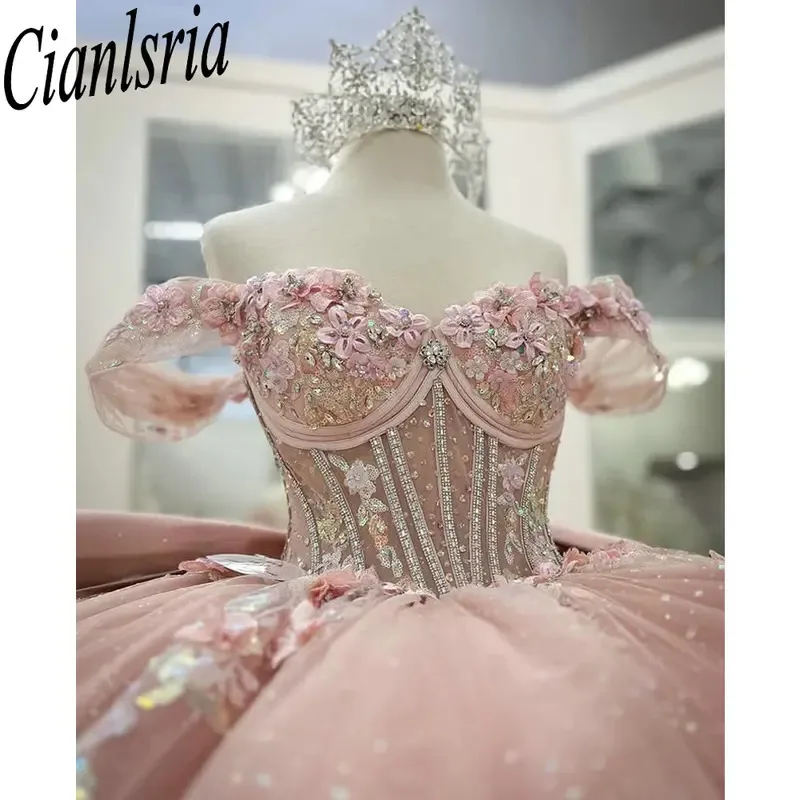 

Pink Detachable Sleeve Bow Quinceanera Dresses Ball Gown Appliques Lace Pleat Sweet 15 Años Mexican Customized