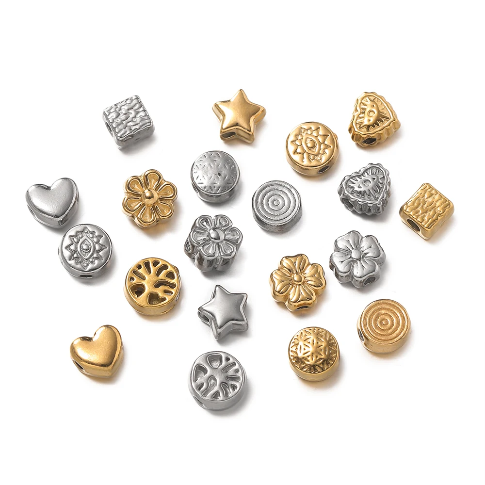 

10Pcs/Lot Stainless Steel 10 Styles Beads Gold Steel Color Texture Spacer Beads for DIY Bracelet Jewelry Making Accessories
