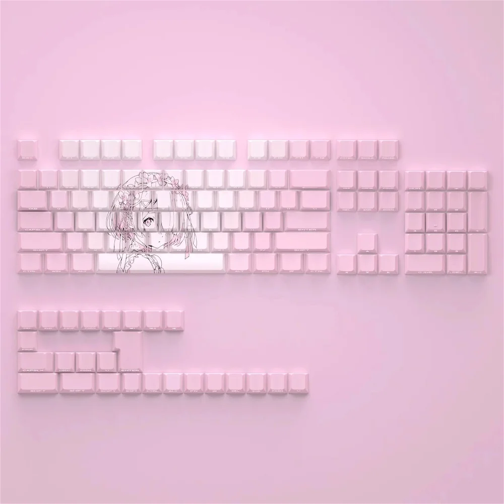 GEFENSI 130 Key Rime Key Cap PBT Side Engraved Transparent Pink Cherry Outline Key Cap For Cherry MX 61 68 104 Mechanical Keyboa