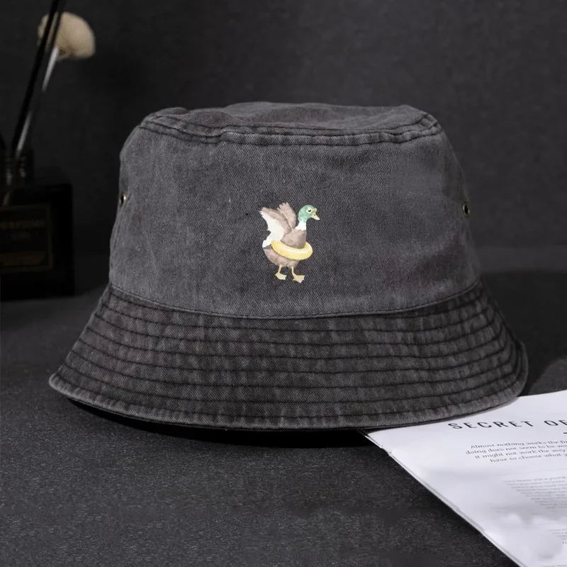 2026 Doodle Duck Print Bucket Hat Cotton Summer Fisherman Cap Hand Drawn Cartoon Pattern Sun Hat Outdoor Beach Cap for Men Women