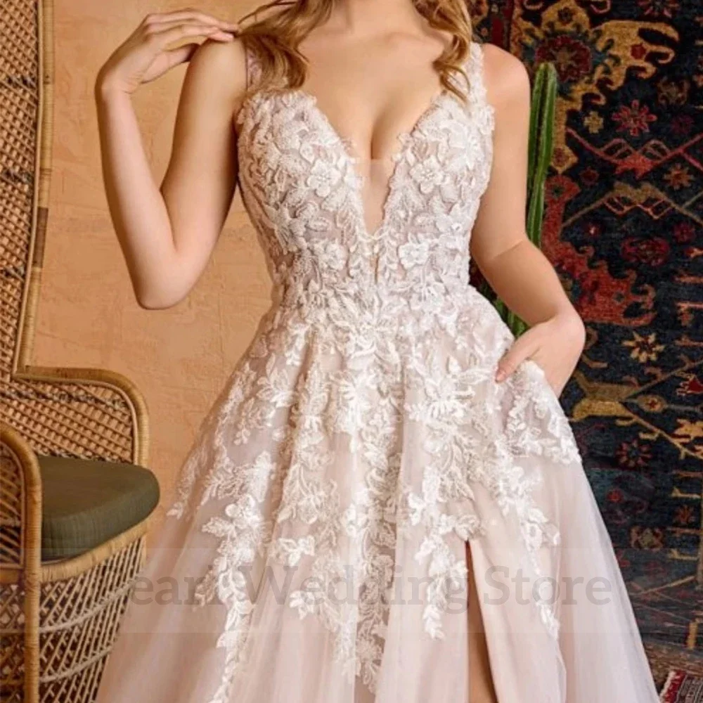Classic V-Neck A-Line Applique Wedding Dress Sexy Side High Slit with Pocket Bridal Sleeveless Tulle Champagne Floor Length Gown