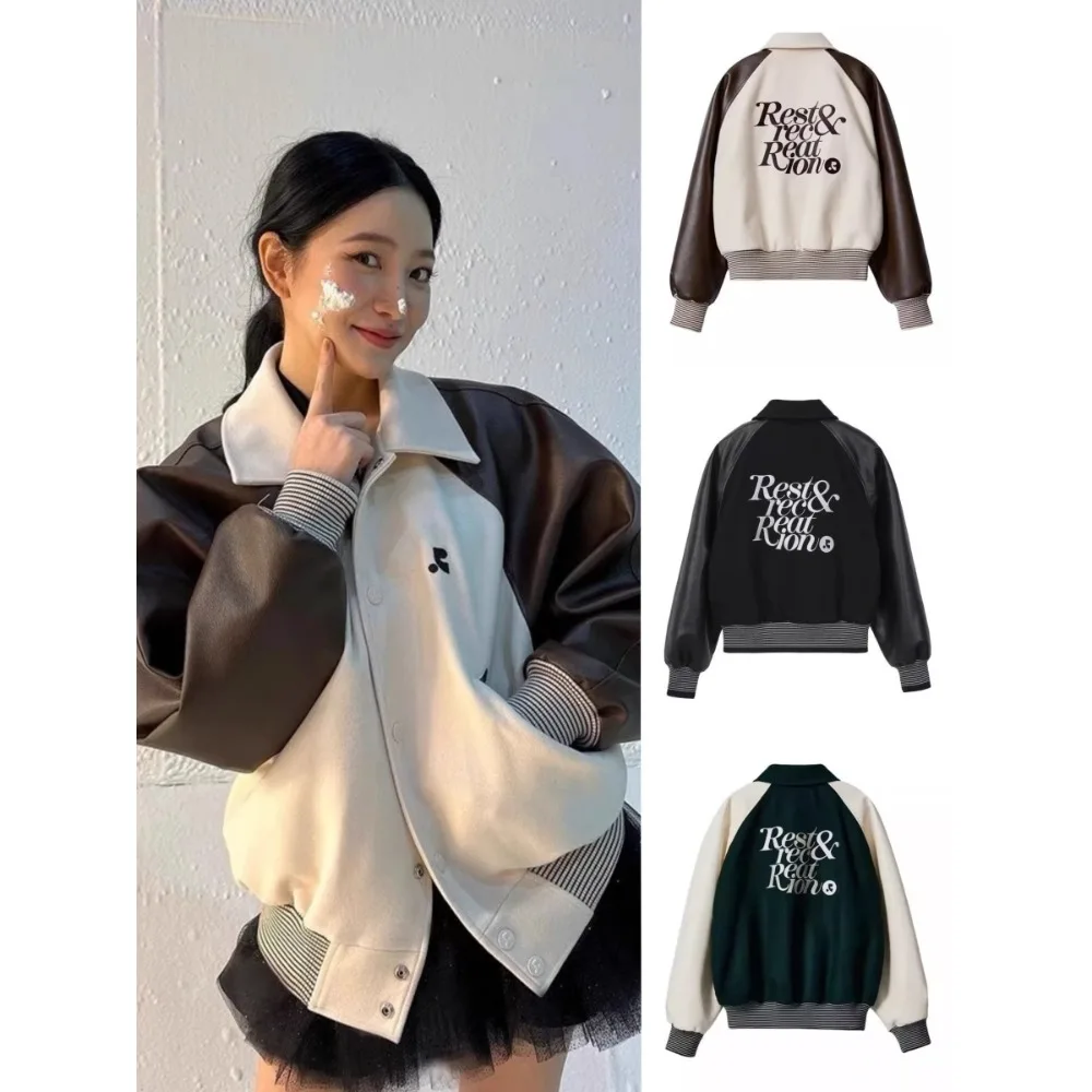 

Rest and Recreation Women's Baseball Jacket Letter Embroidery Patchwork Oversized Short Quilted Coat for Daily Casual Streetwear