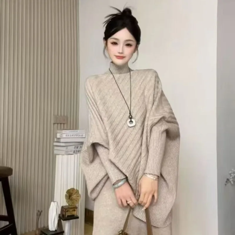 Women's Two-piece Set Featuring Semi-high-neck Bat-sleeve Loose Knitted Sweater A-line Mid-length Skirt for The New Autumn Style