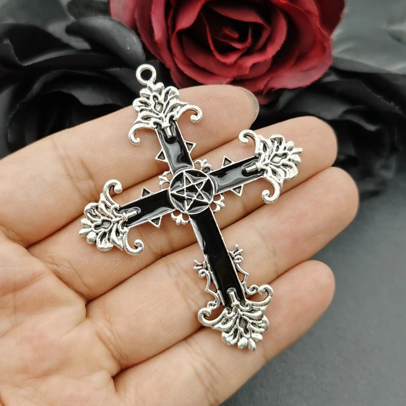 3pcs Gothic Large Cross Enamel Charms Pentagram Cross Pendants for Jewelry Making DIY Rosary Supplies Necklaces Crafts Accessory