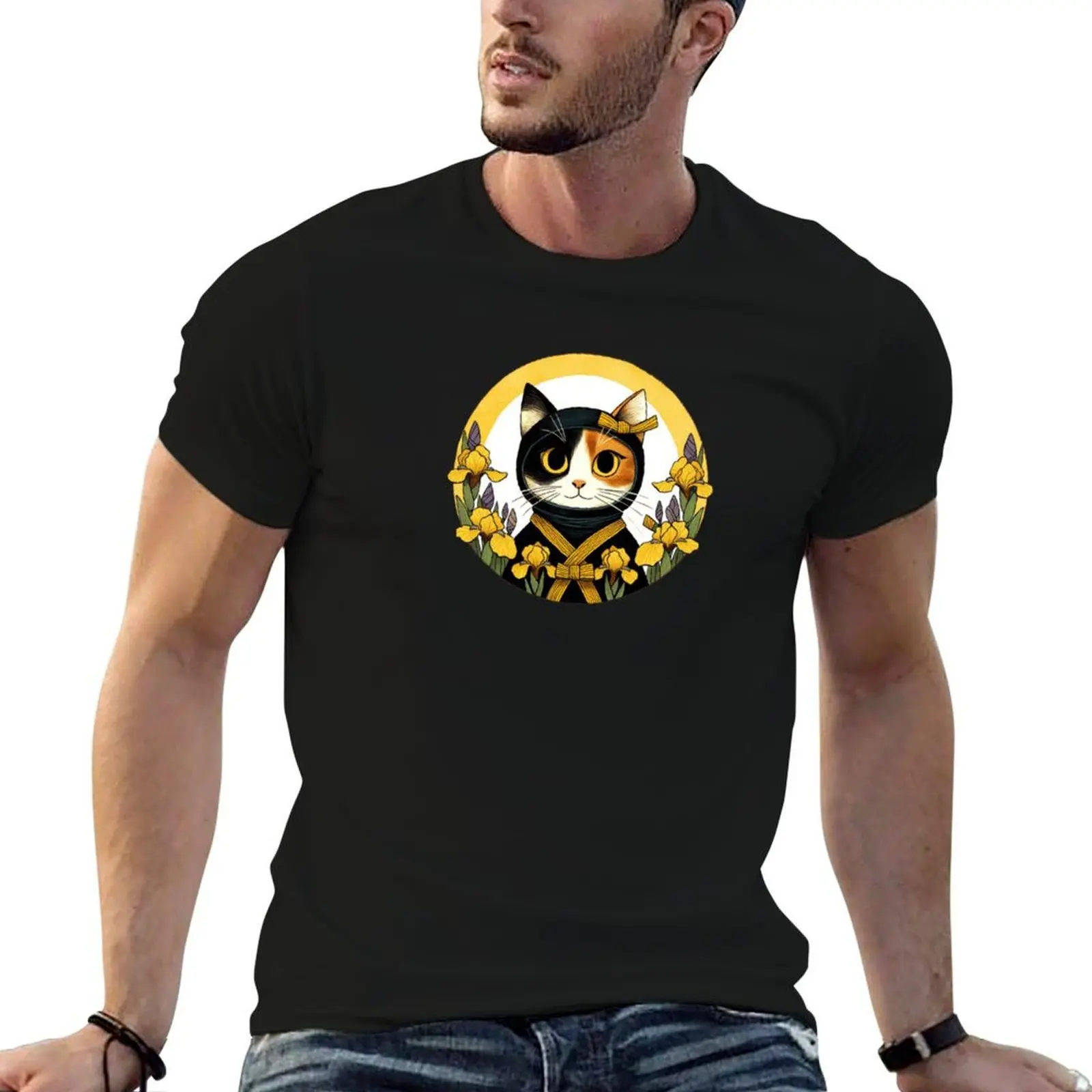 

Calico Ninja Cat with Golden Flowers T-Shirt cotton t shirt man man t shirt luxury T-Shirt