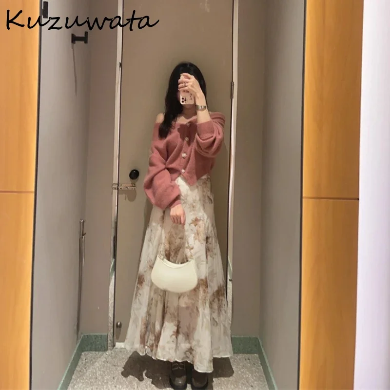 Kuzuwata V Neck Puff Sleeve Loose Elegant Jumper Voile Shoulder Strapless Patchwork Casual Sweaters Japan Button Sweet Moda Tops