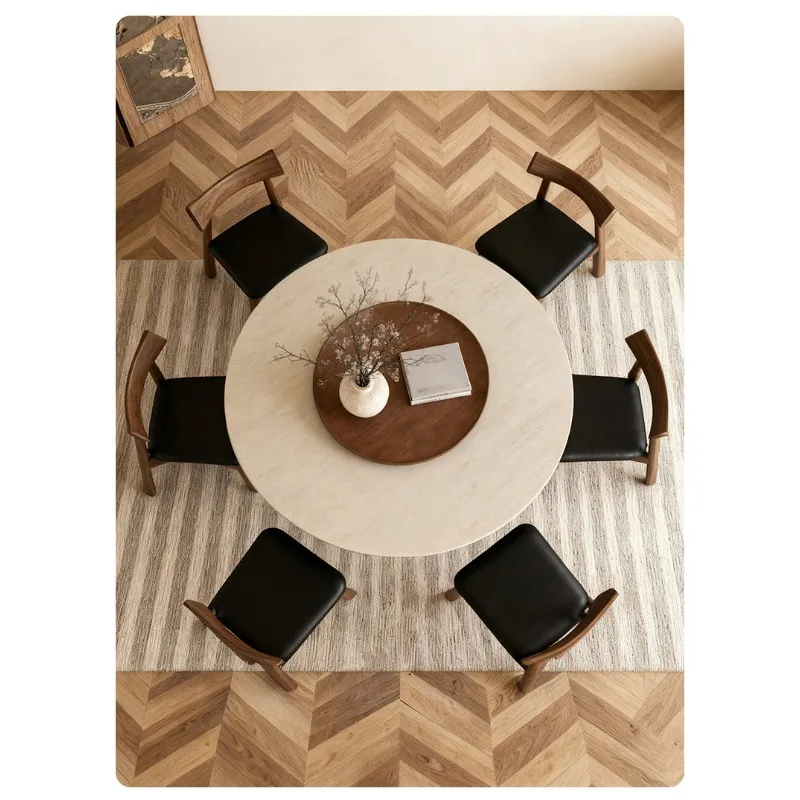 طاولة مستديرة من بلاطة الصخور الترافرتين مع طاولة دوارة متوسطة عتيقة وشقة صغيرة وطاولة طعام منزلية وطاولة طعام قديمة #4