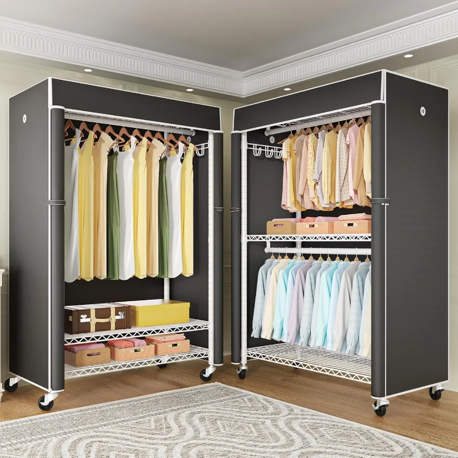 رف ملابس أبيض مع غطاء أسود P1C Plus خزائن دوارة مع عجلات للمنزل والخزانة يستخدم رف الملابس المعدني عالي التحمل #6