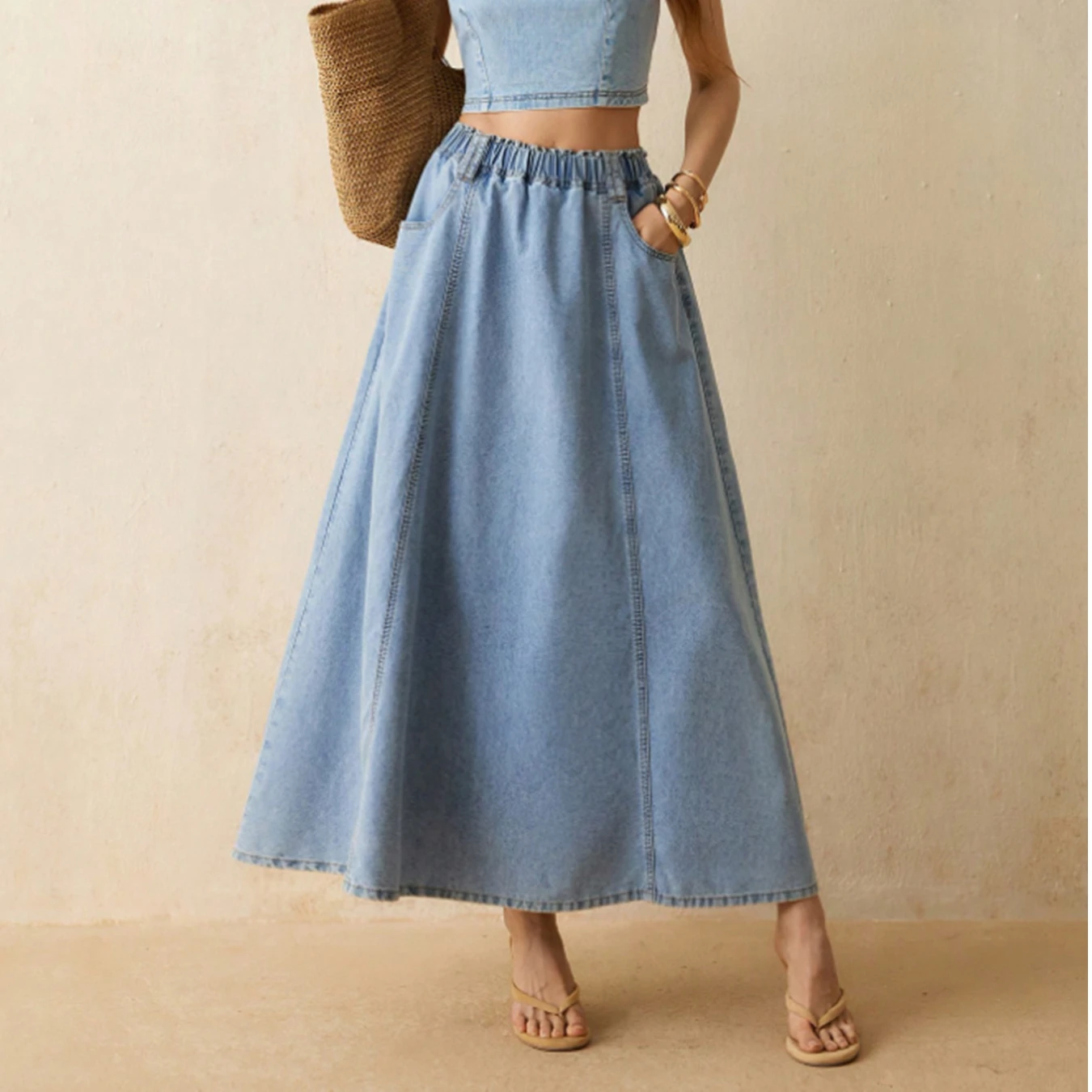 2026 New Women Washed Denim Skirt Elastic Waist Loose Casual Swing Skirt Fashion Ladies High Waist Long Denim Skirts