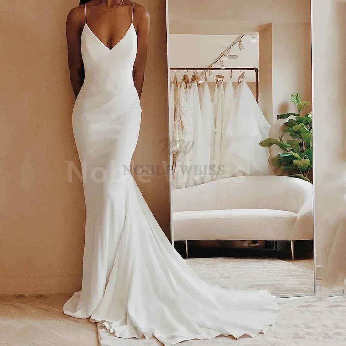 V-neck Sleeveless Backless Wedding Dress with Sweep Train and Bridal Grown in Satin Fabric Customized