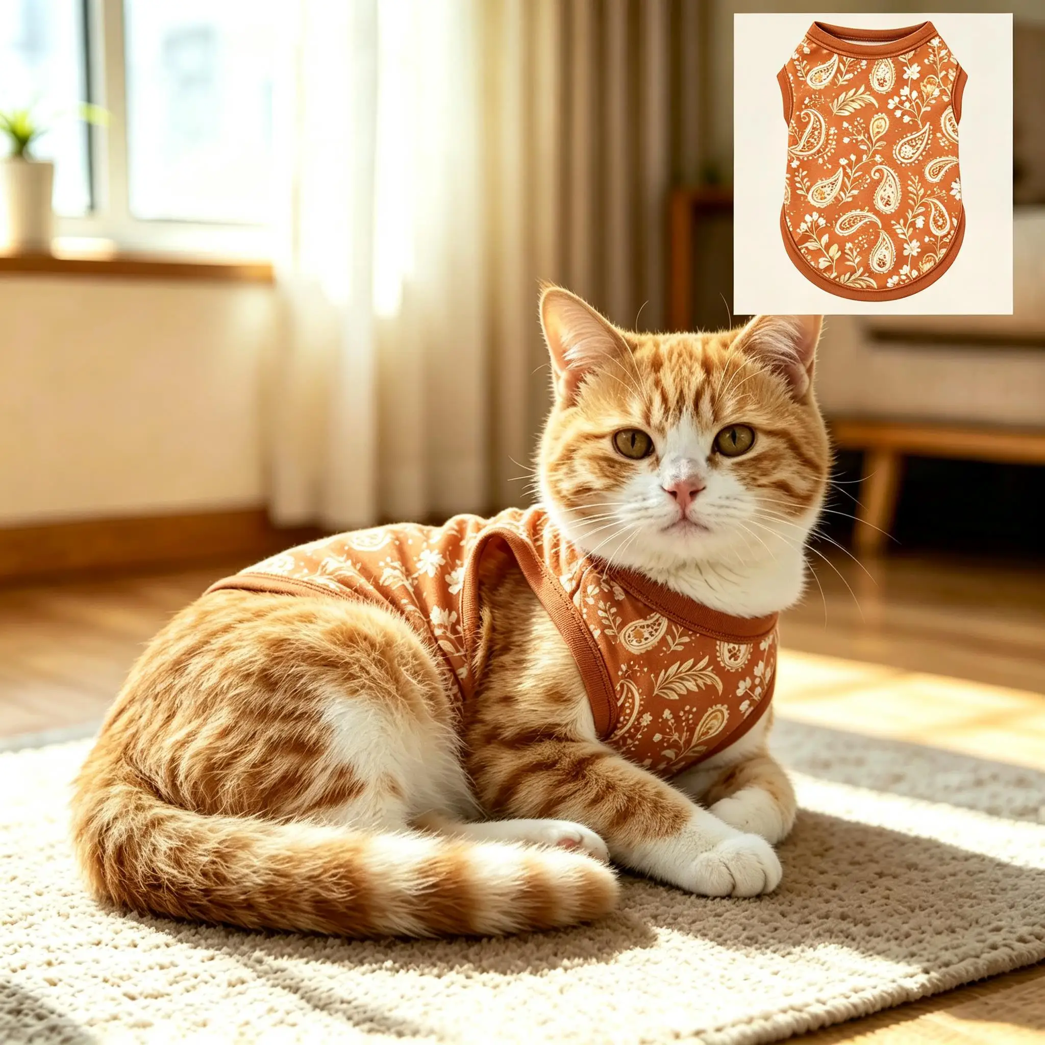 Pet Cat Vest Orange White Paisley Print Sleeveless Shirt for Small Medium Cats Vintage Theme Daily Wear