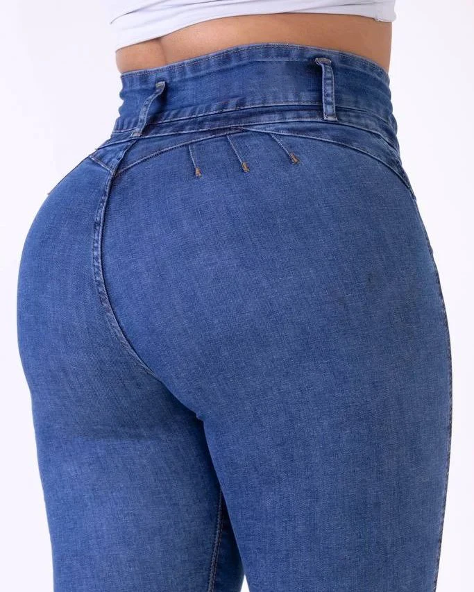 Pantalones vaqueros ajustados de cintura alta para mujer, pantalón de lápiz de doble botonadura, ropa de calle elástica, azul, primavera y verano, nueva moda