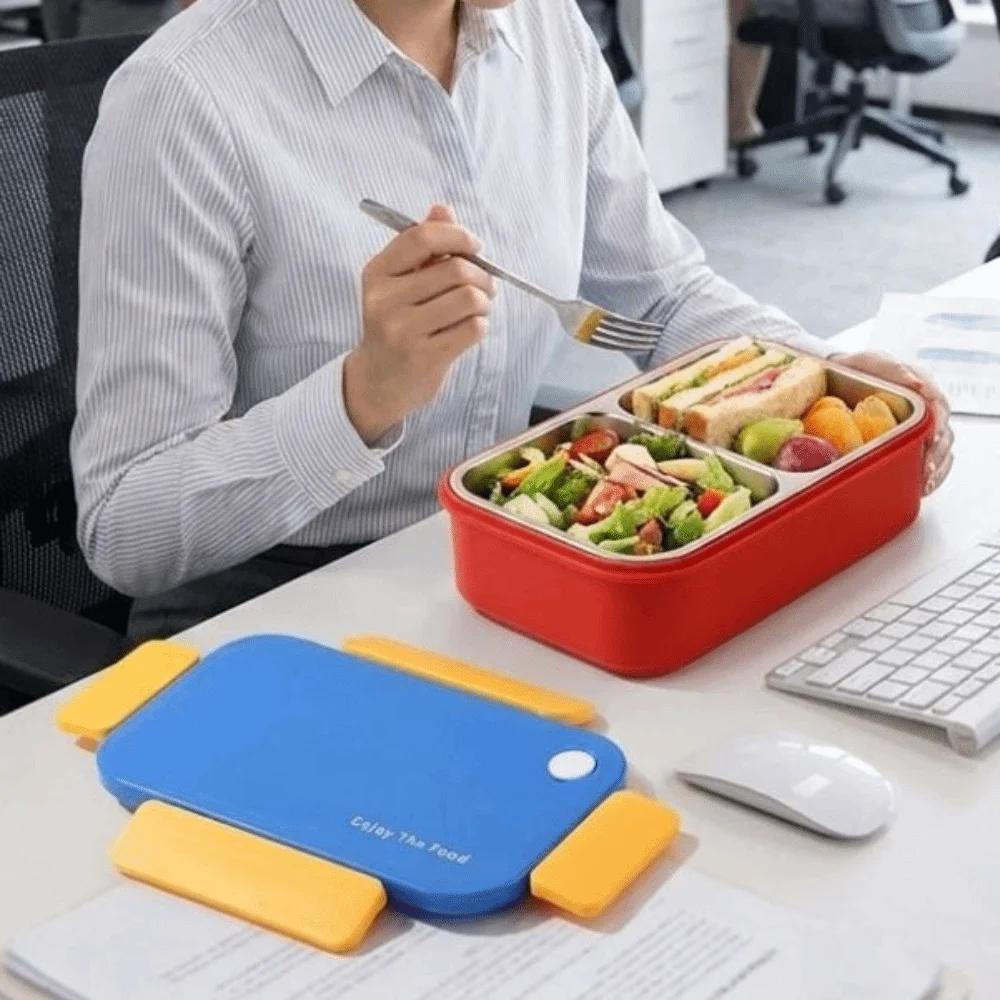 Stainless Steel Portable Lunch Box 2 Compartment Leak-proof Seal Thermal Lunch Box Large Capacity with Tableware