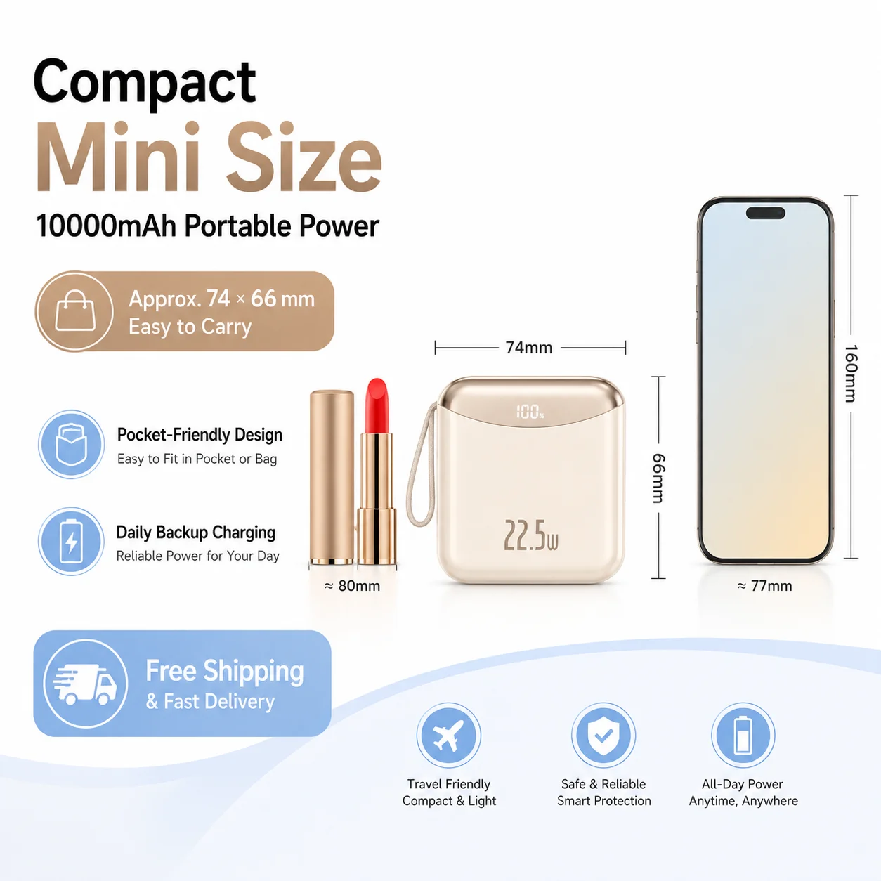 10000mAh Fast Charging Mini Power Bank with Built-in USB-C & 8-Pin Cables, LED Digital Display, Compact Portable Charger