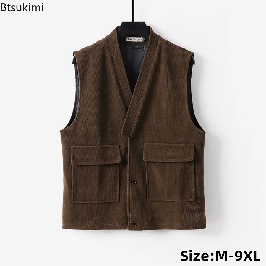 

Spring Autumn Men's V-neck Corduroy Vests Retro Casual Sleeveless Jackets England Style Loose Suit Vest Plus Size Men Waistcoats