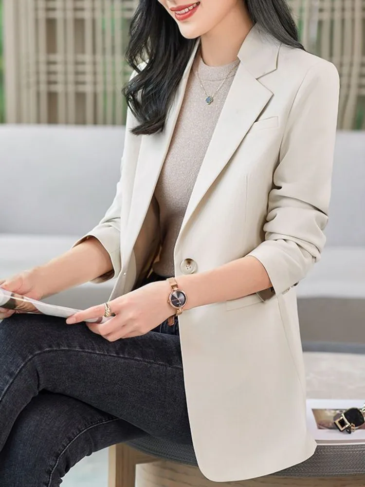 Women Chic Office Lady Blazer Fashion Long Sleeve Solid Color Single Button Classic Temperament Elegant Chic Blazers