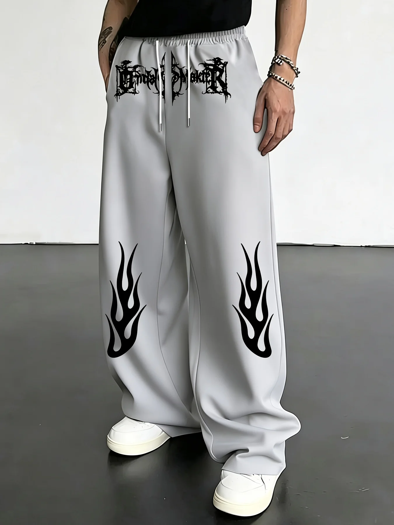 Men's High Street Flame Print Straight‑Leg Pants, Elastic Waist Drawstring Sweatpants, Hip Hop Streetwear Casual Sports Trousers
