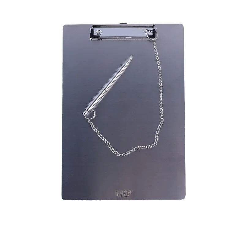 

Food Grade 304 Stainless Steel Clipboard A4 with Metal Pen & Chain Hook Set for Food Factory & Commercial Kitchen Supplies